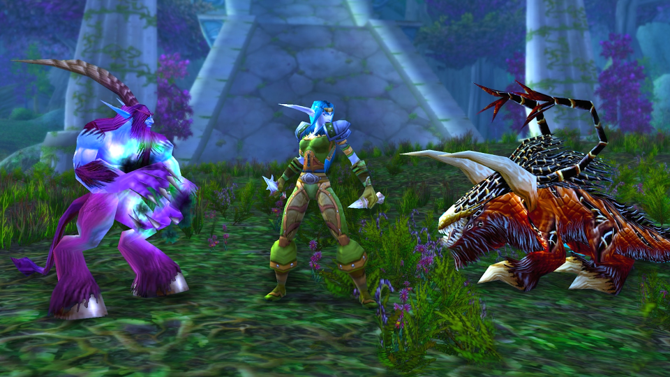 A night elf faces off against a satyr and a felhunter in World of Warcraft Season of Discovery Phase 3.