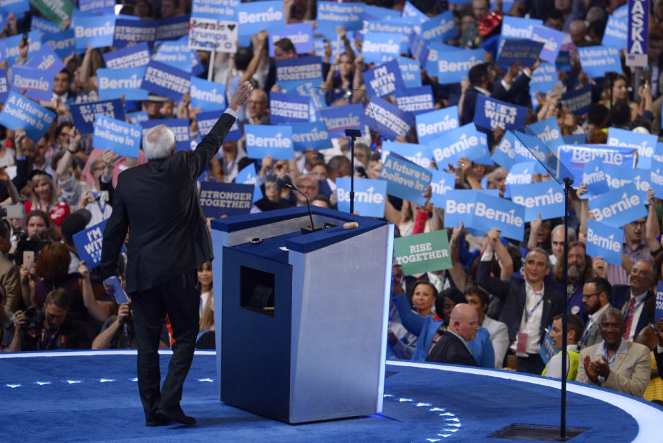 <p>Former Democratic presidential candidate, Sen. Bernie Sanders, I-Vt., waves to supporters during the first day of the Democratic National Convention in Philadelphia , Monday, July 25, 2016. (AP Photo/Mark J. Terrill)</p>