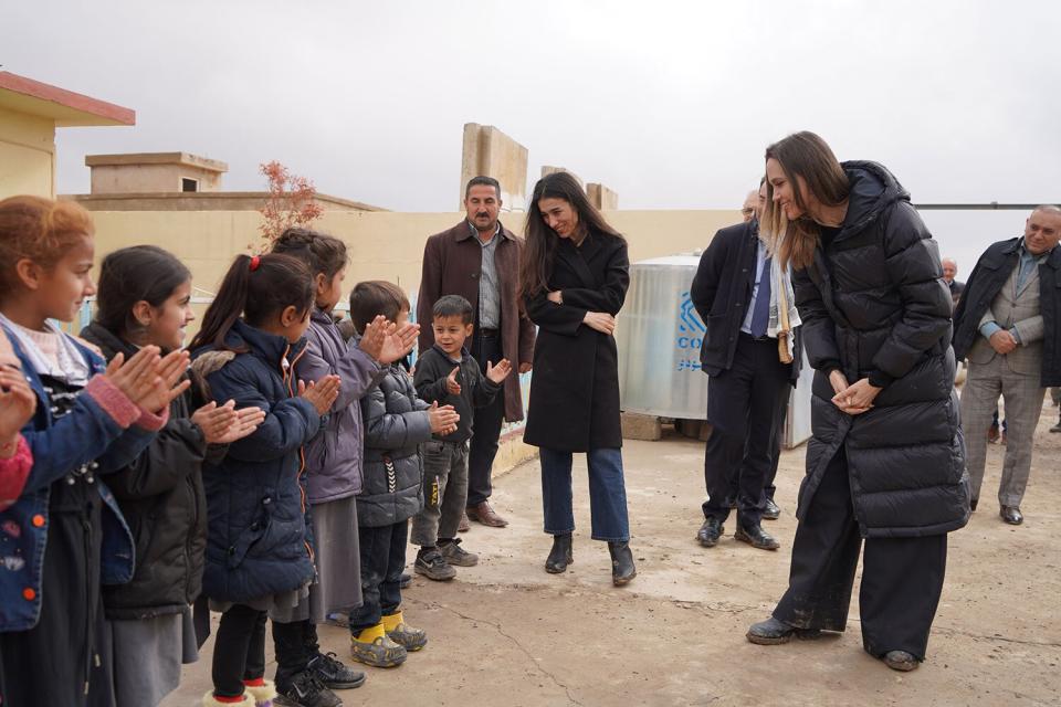 Angelina Jolie and human rights activist Nadia Murad meeting with survivors of genocide in Iraq photos can be credited to Nadia's Initiative.