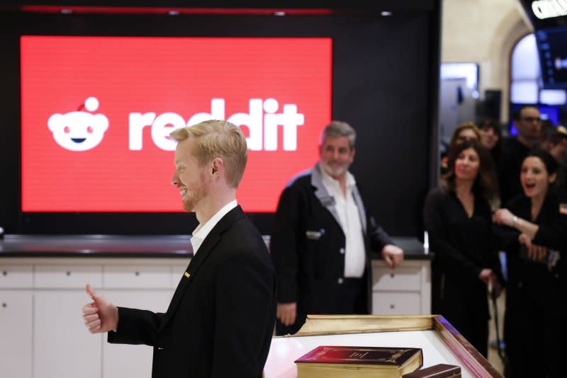 Reddit CEO Steve Huffman stands on the floor of the New York Stock Exchange (NYSE) after the opening bell on Wall Street. Photo by John Angelillo/UPI