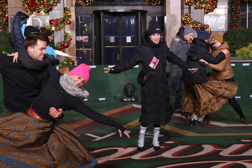 Lea Michele and the cast of Funny Girl rehearse during the first day of New York's Thanksgiving Day Parade rehearsals at Herald Square on Nov. 21, 2022, in New York City.  / Credit: Taylor Hill/WireImage