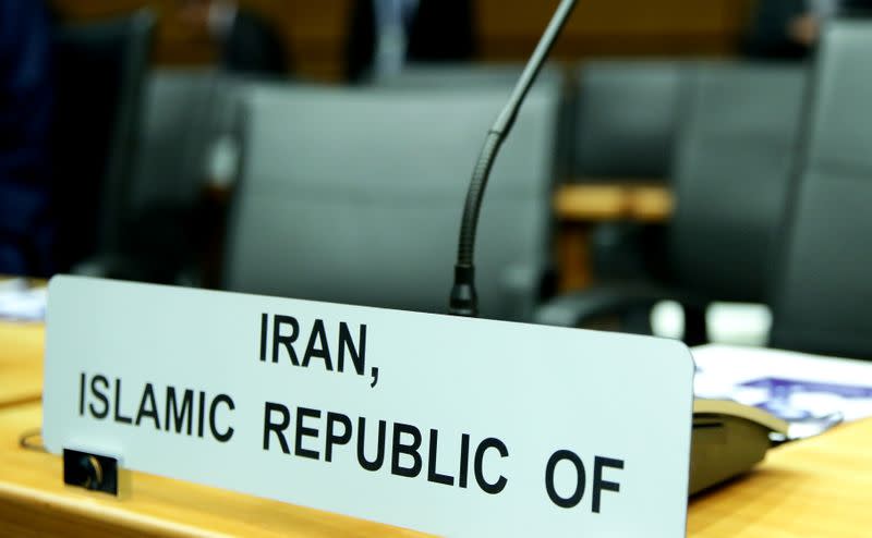 FILE PHOTO: Sign marks the seat of Iran's ambassador to IAEA ahead of a board of governors meeting in Vienna