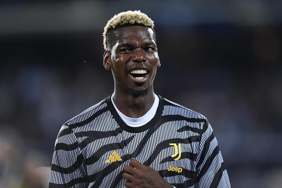 Paul Pogba of Juventus FC laughs during the Serie A Tim match between Empoli FC and Juventus FC at Stadio Carlo Castellani on September 3, 2023 in Empoli, Italy. (Photo by Giuseppe Maffia/NurPhoto via Getty Images)