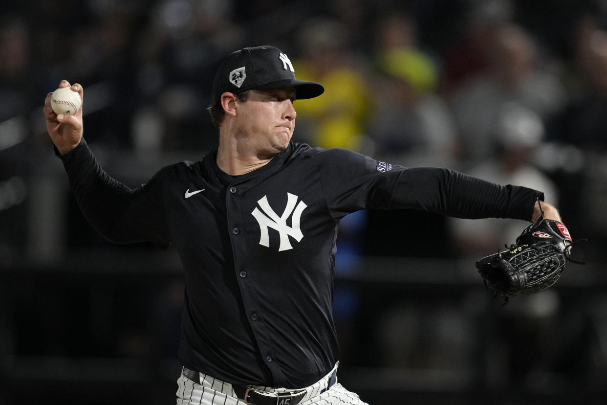 Gerrit Cole started 33 games for the Yankees during the 2023 season, posting a 2.63 ERA, 0.981 WHIP and 222 strikeouts in 209 innings. (AP Photo/Charlie Neibergall)