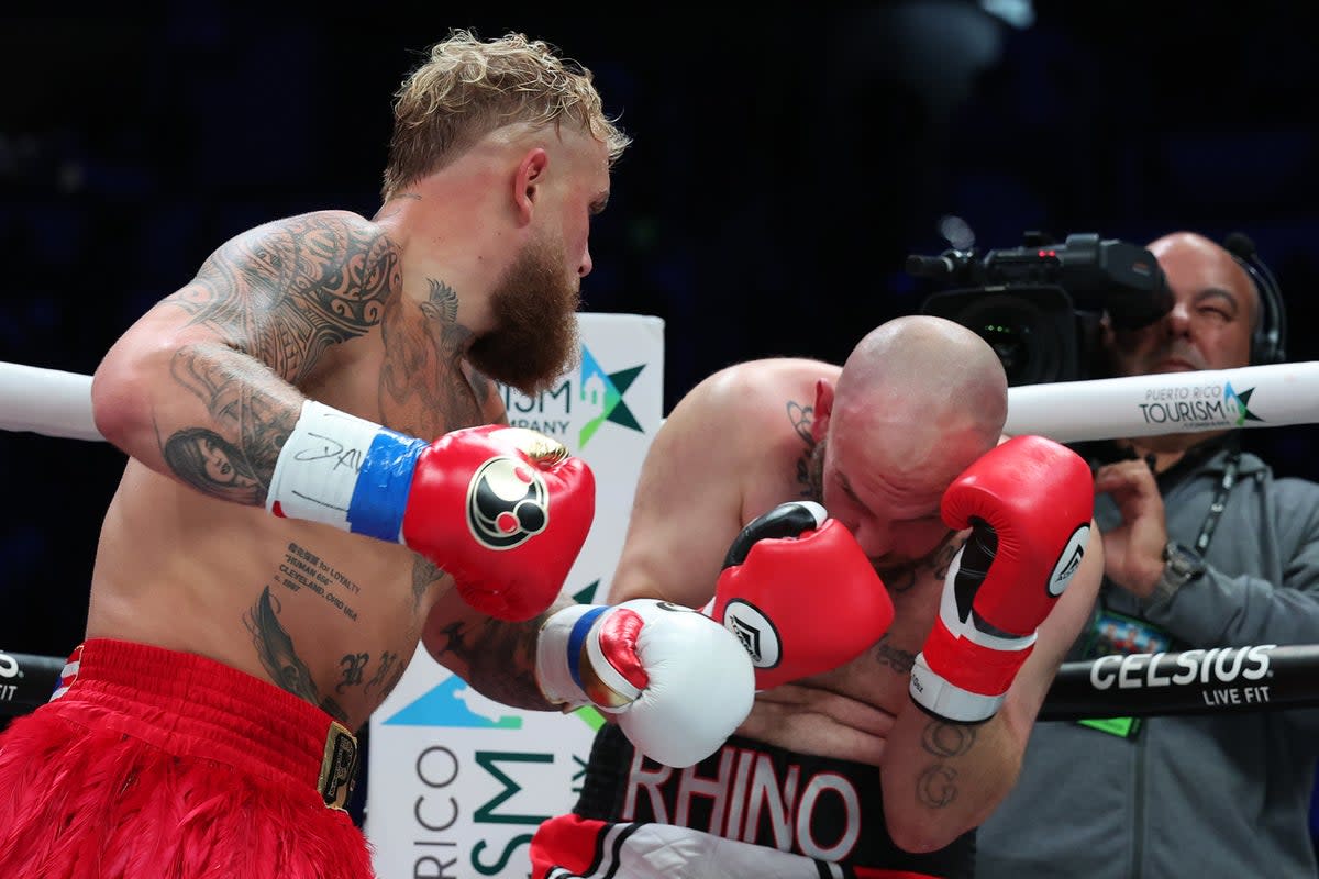 Jake Paul (left) finishes Ryan Bourland against the ropes (Getty Images)