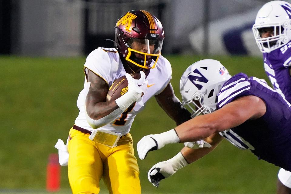 Minnesota Golden Gophers running back Darius Taylor (1) runs against the Northwestern Wildcats during the first quarter at Ryan Field, Sept. 23, 2023 in Evanston, Illinois.