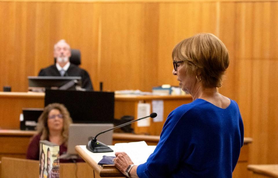 Matthew Chachere’s mother Linda Chachere gives her witness statement during the sentencing for Daniel Saligan Patricio, 24, on April 9, 2024, at San Luis Obispo County Superior Court. Saligan Patricio admitted to hitting Matthew Chachere, 39, and Jennifer Besser, 36, with his car on Nov. 21, 2022. He was sentenced to 5 years and 4 months in prison for two counts of vehicular manslaughter. Laura Dickinson/ldickinson@thetribunenews.com