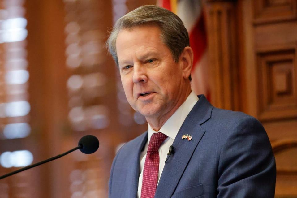 Georgia Gov. Brian Kemp delivers the State of the State address on the House floor of the state Capitol in Atlanta, Jan. 25, 2023.