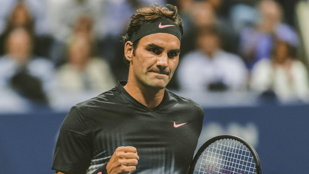 New York, NY USA - September 2, 2017: Roger Federer of Switzerland reacts during match against Feliciano Lopez of Spain during US Open Championships 2017 at Billie Jean King National Tennis Center.