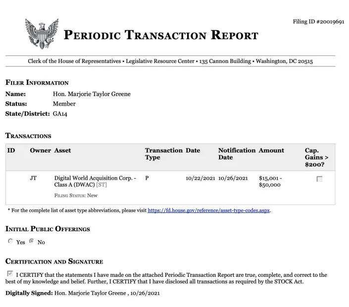 Congressional disclosure for Marjorie Taylor Greene