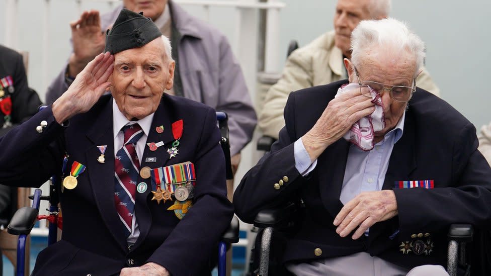 D-Day veterans Bernard Morgan (left), 100, from Crewe, and Jack Mortimer, 100, from Leeds on their way to Normandy for the 80th commemorations, on 4 June 2024