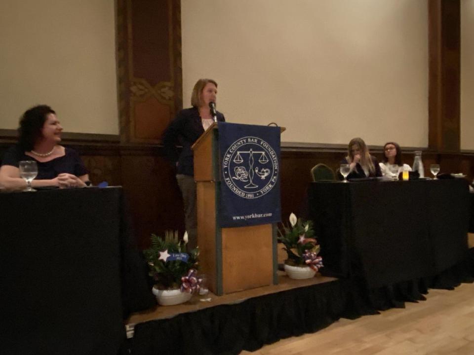 Jennifer P. Wilson, federal district court judge, Middle District of Pennsylvania, addresses the annual Law Day luncheon at the Valencia. She referenced Zachary Sowers’ winning Law Day essay in her presentation.