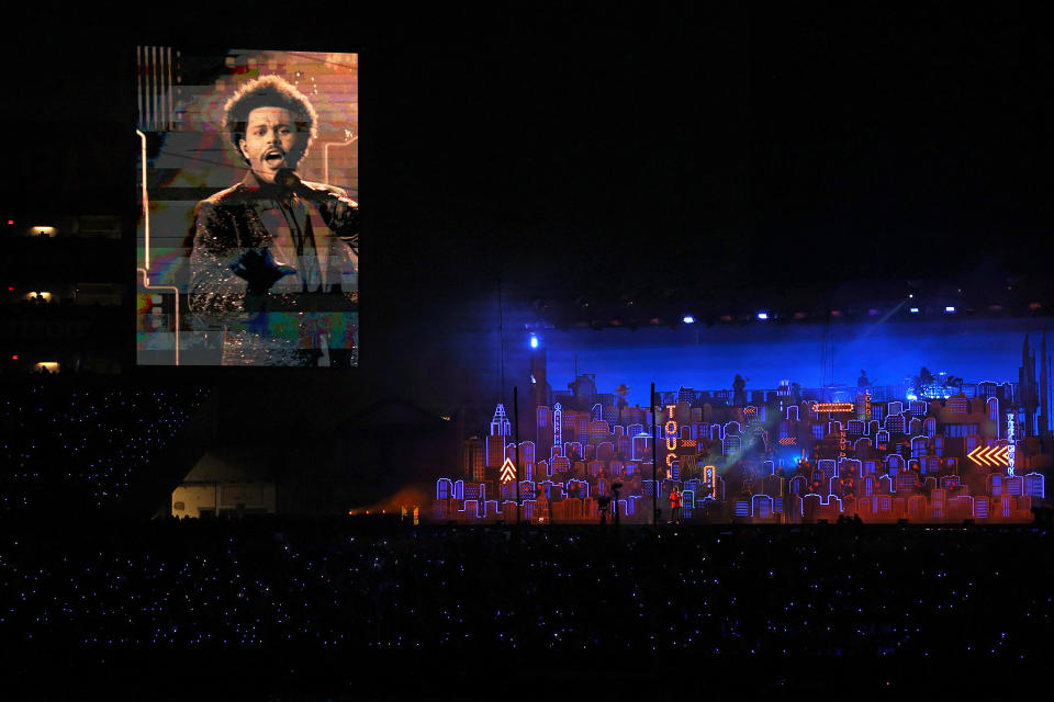 TAMPA, FLORIDA - FEBRUARY 07: The Weeknd performs during the Pepsi Super Bowl LV Halftime Show at Raymond James Stadium on February 07, 2021 in Tampa, Florida. (Photo by Kevin C. Cox/Getty Images)