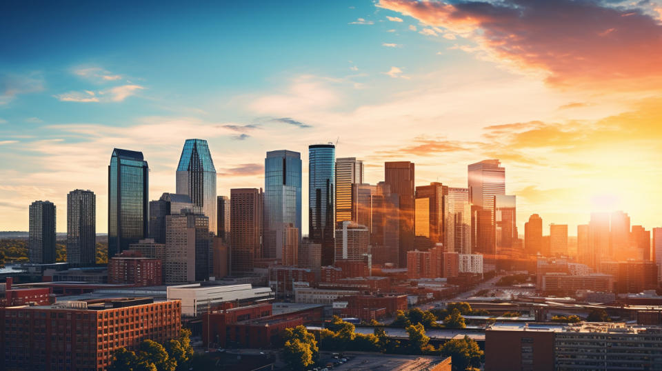 A city skyline, illuminated by the setting sun, showing the complexity of real estate investments.