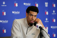 Philadelphia 76ers' Danny Green speaks during a news conference at the team's NBA basketball practice facility, Friday, May 13, 2022, in Camden, N.J. (AP Photo/Matt Slocum)