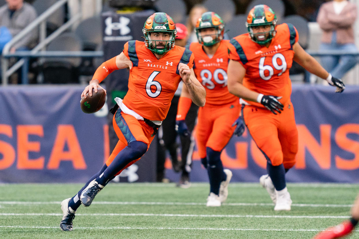 SEATTLE, WA - APRIL 23: Quarterback Ben DiNucci #6 of the Seattle Sea Dragons runs the ball during the second half of the game against the Seattle Sea Dragons at Lumen Field on April 23, 2023 in Seattle, Washington. (Photo by Ali Gradischer/Getty Images)