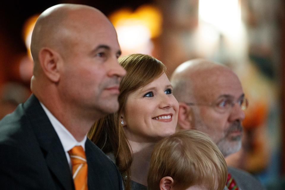 Casey Pruitt at a press conference to introduce her husband, Jeremy Pruitt, as head coach of the Tennessee Volunteers football team in the Peyton Manning Locker Complex at Neyland Stadium in Knoxville on Dec. 7, 2017.