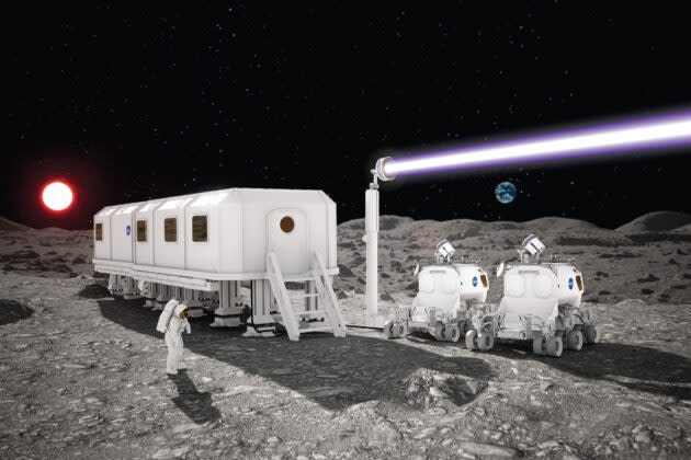 An artist’s conception shows a beamed-power system operating on the moon. (Illustration via PowerLight)