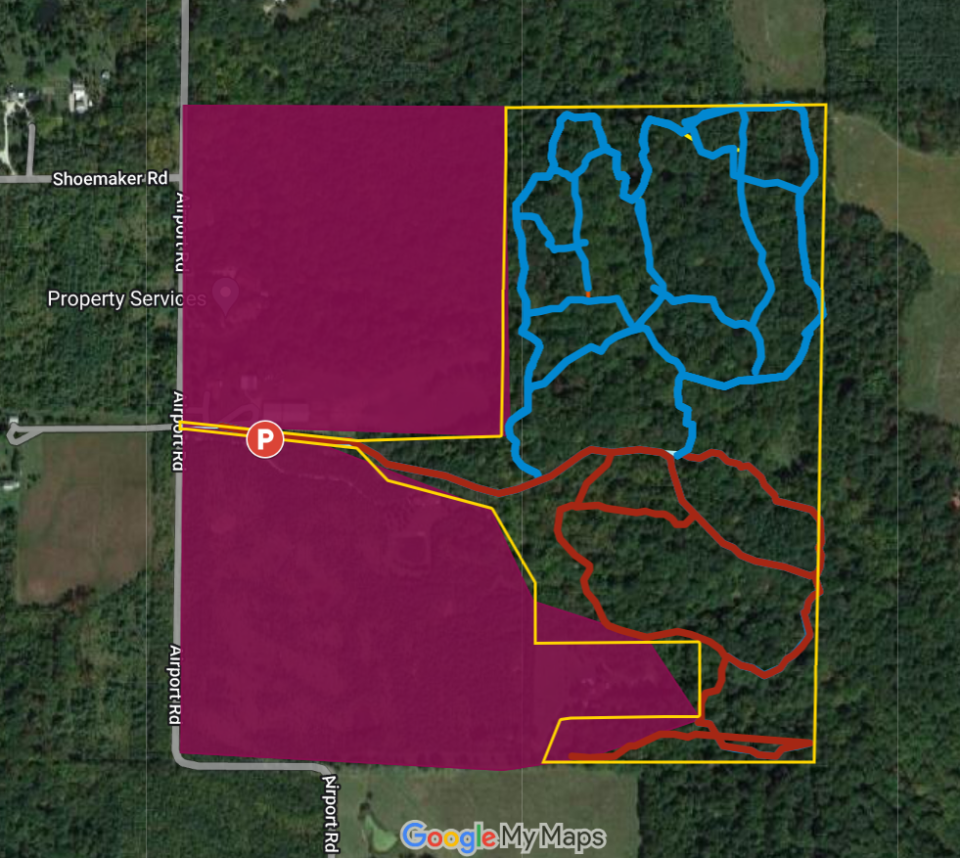 A screenshot of one of Earlham College's Earlham Nature Reserve System properties, created with Google My Maps.