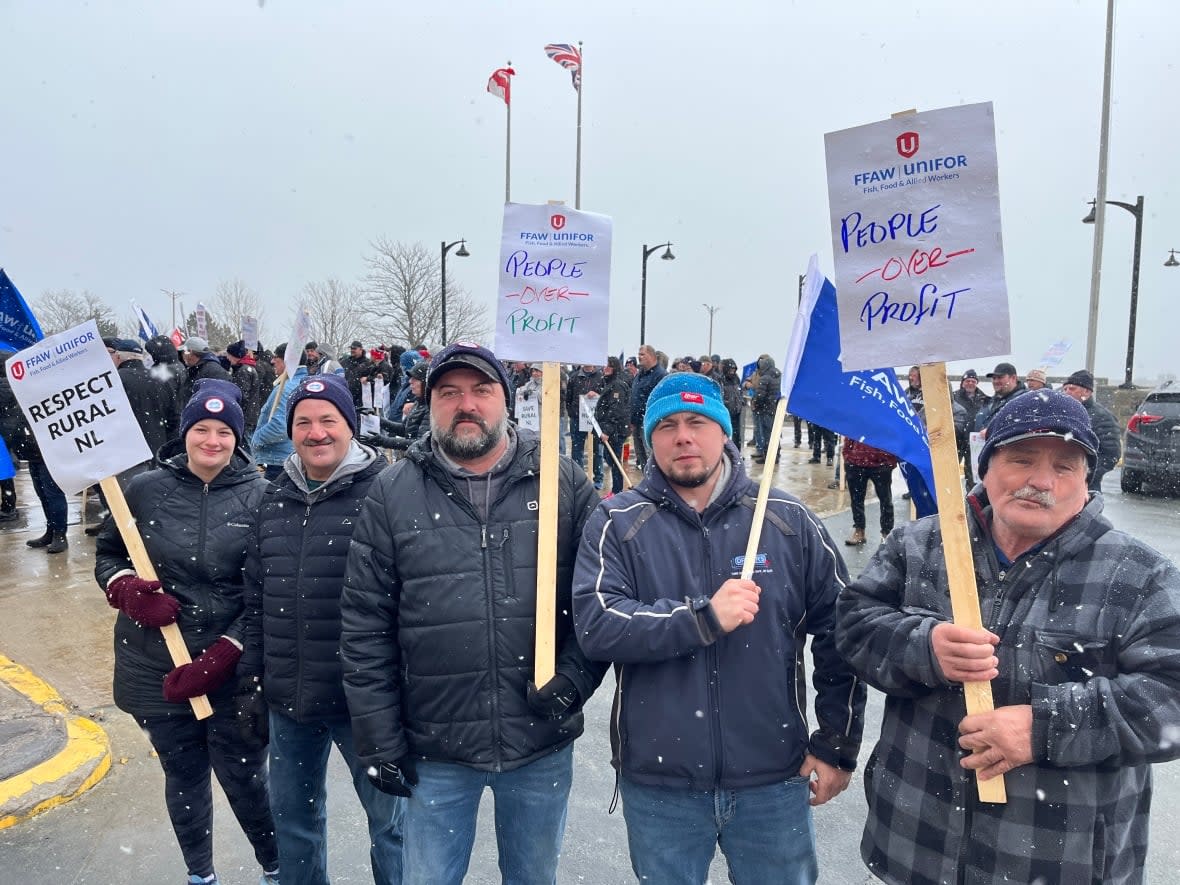 Crab harvesters demonstrate in front of Confederation Building in St. John's on Monday. (Terry Roberts/CBC - image credit)