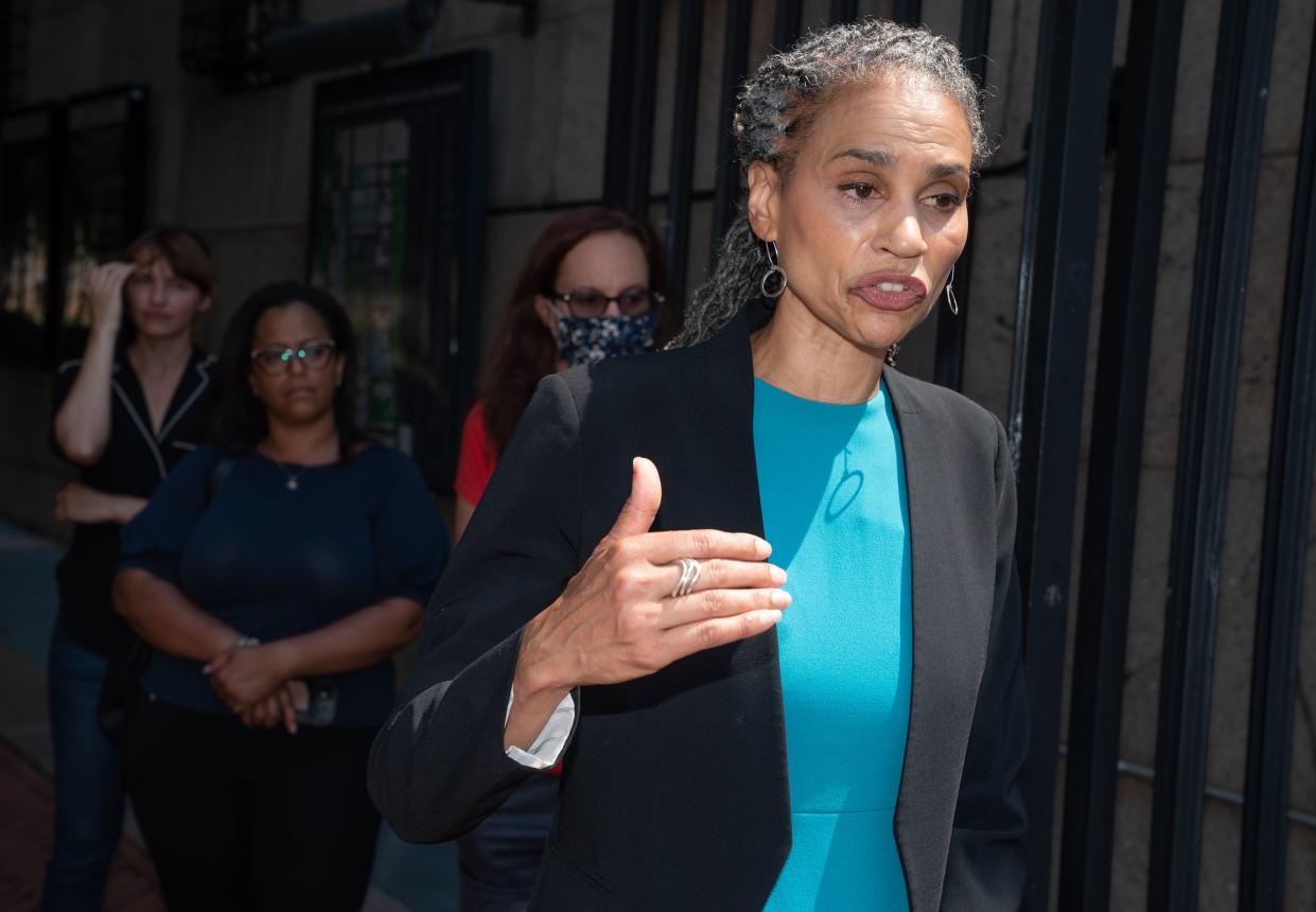 Mayoral candidate Maya Wiley speaks outside Columbia University, Wednesday, May 26, in Manhattan.