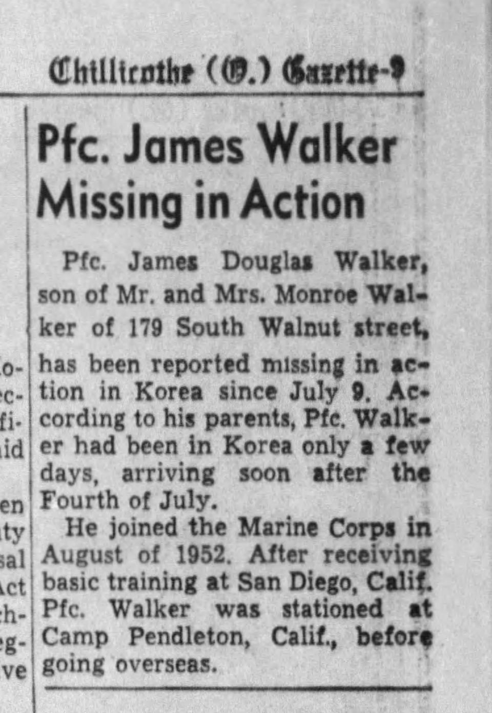 A Chillicothe Gazette article on PFC James D. Walker being declared missing in action.