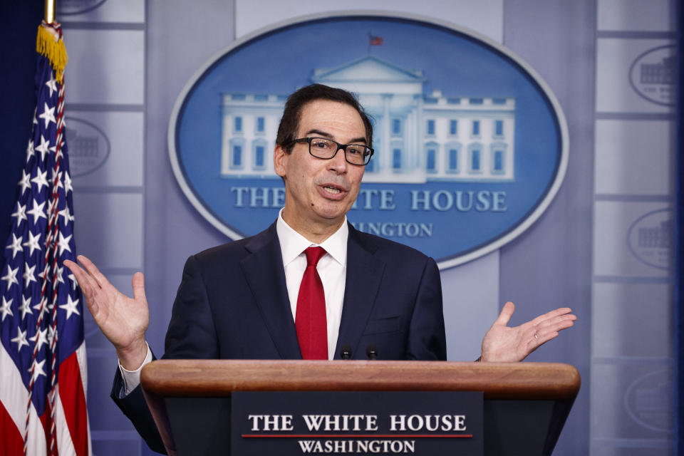 Treasury Secretary Steve Mnuchin speaks during a news briefing at the White House, in Washington, Monday, July 15, 2019. (AP Photo/Carolyn Kaster)