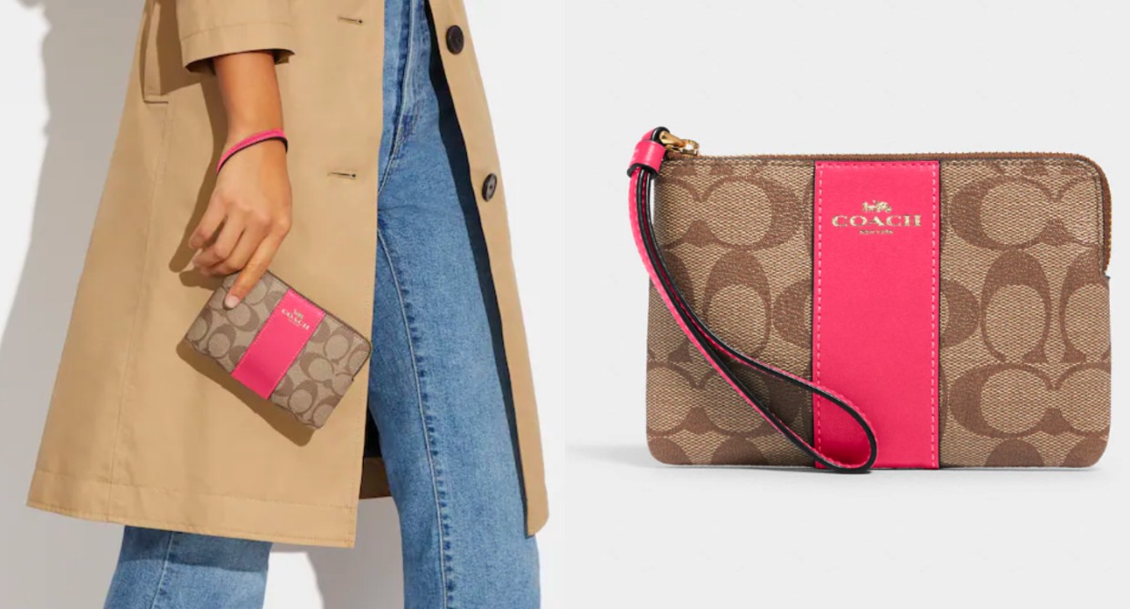 Shop the Coach Outlet Corner Zip Wristlet In Signature Canvas for just $35. Images via Coach Outlet.