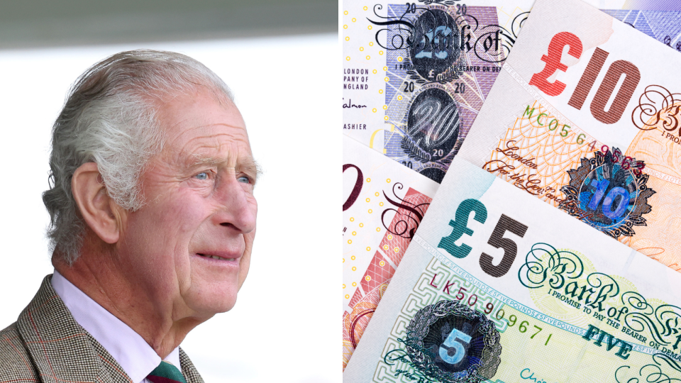 A composite images of King Charles III and British pounds.