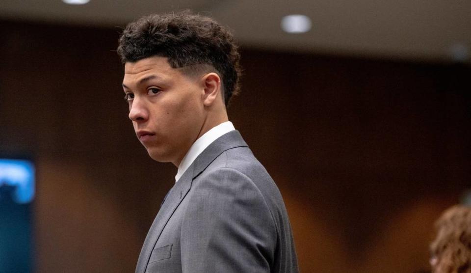 Jackson Mahomes enters the courtroom for a bond motion hearing in Johnson County District Court on Tuesday, May 16, 2023, in Olathe.