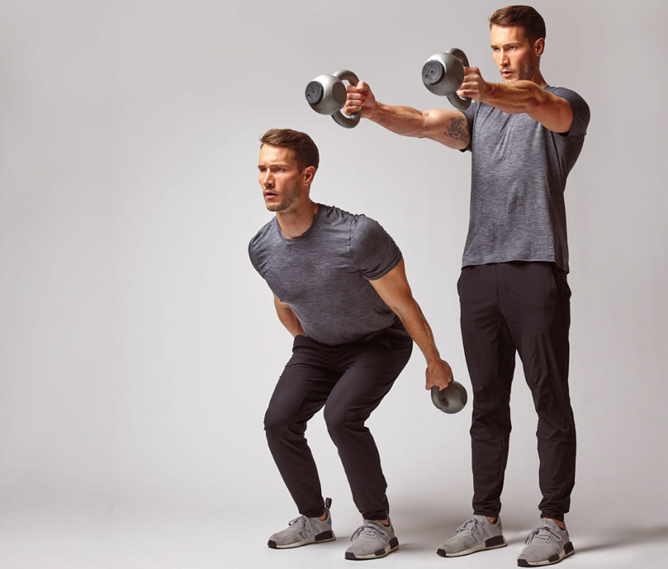 How to do it:<ol><li>Grab two kettlebells that are half the weight you’d typically use for a regular kettlebell swing.</li><li>Stand tall with feet hip-width apart, shoulders retracted and core tight.</li><li>With a neutral spine, hip hinge back, letting chest lower toward the floor, and keep arms locked out along the torso.</li><li>Then use glutes and hamstrings to press hips forward and swing kettlebells to shoulder height.</li><li>Engage shoulder and chest muscles to control the weights at the top of the movement, then hip hinge again for one rep.</li></ol>