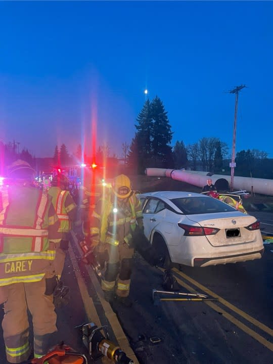 A two car crash, which left one of the vehicles on fire, injured three people on Mar. 30. 2024. (Courtesy: Tualatin Valley Fire & Rescue)