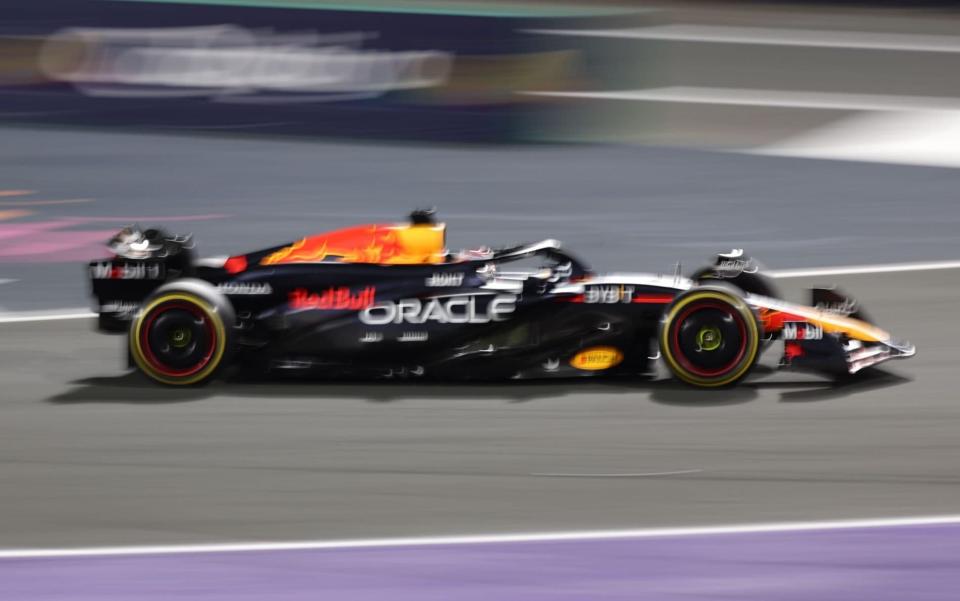 Red Bull Racing driver Max Verstappen of Netherlands steers his car during the Formula 1 Saudi Arabia Grand Prix at the Jeddah Corniche Circuit in Jeddah, Saudi Arabia,