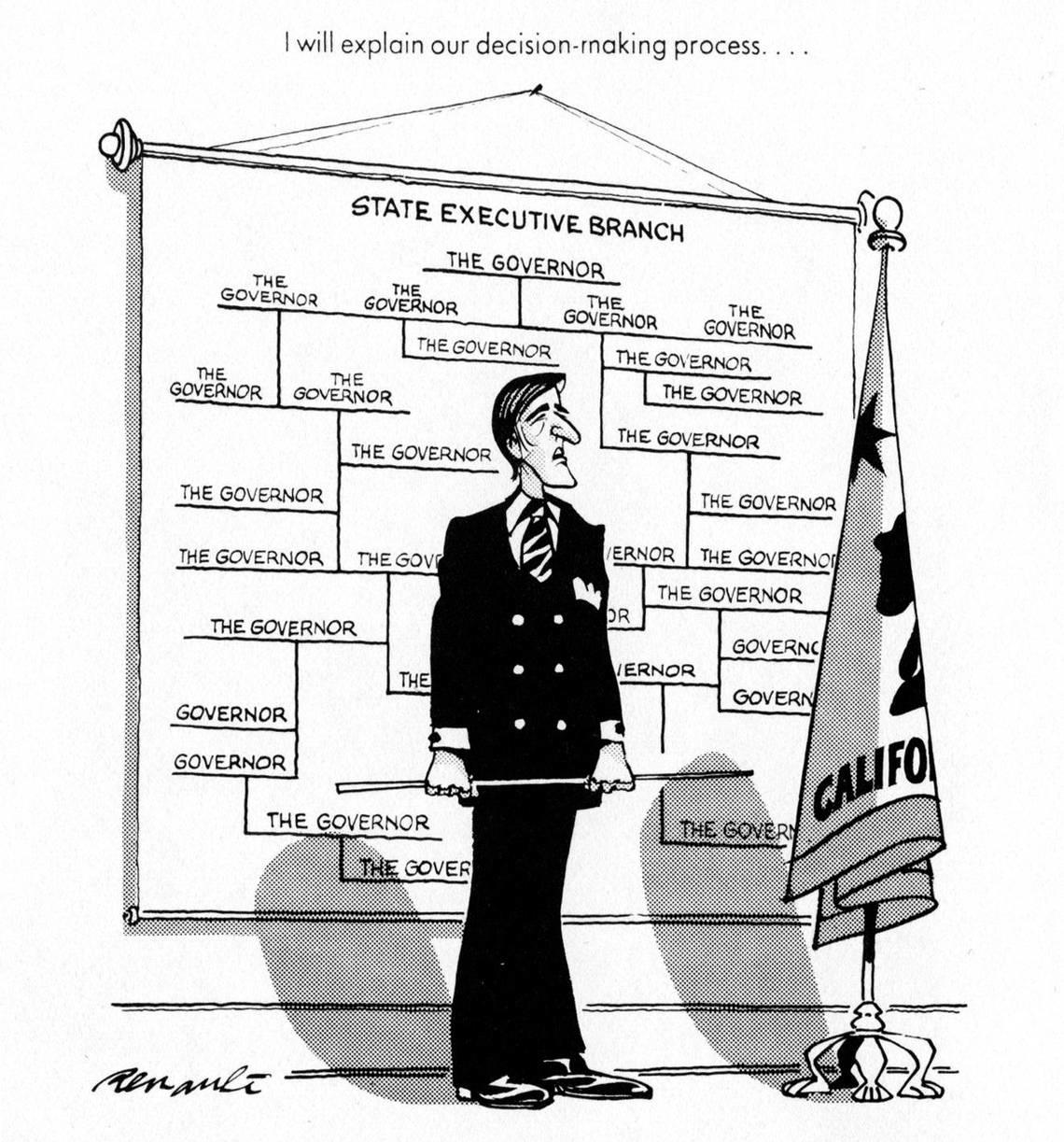 “I will explain our decision-making process...” reads the caption for a 1976 editorial cartoon by Dennis Renault about California Gov. Jerry Brown. It depicts Brown in front of an organizational chart filled entirely with his title. An unwillingness to delegate authority seemed to many to be a hallmark of the governor’s management style at the time.