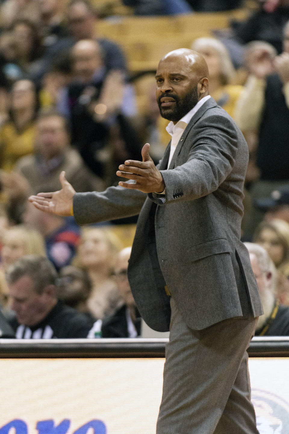 Missouri head coach Cuonzo Martin looks for a call during the second half of an NCAA college basketball game against Mississippi Tuesday, Feb. 18, 2020, in Columbia, Mo. Missouri won 71-68.(AP Photo/L.G. Patterson)
