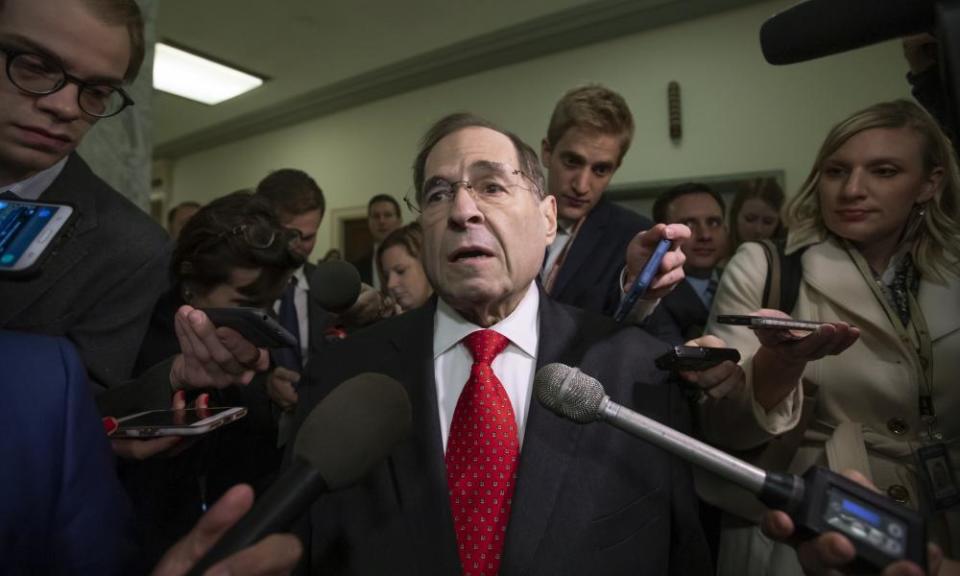 Jerrold Nadler, the top Democrat on the House judiciary committee, is met by reporters outside the hearing.