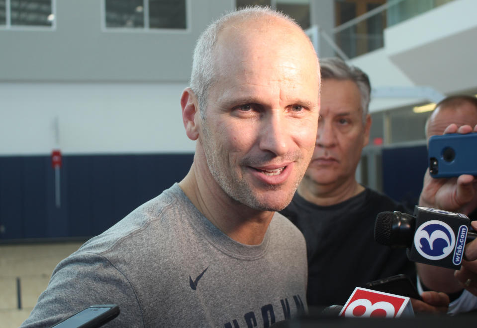 Connecticut coach Dan Hurley addresses the media following his team's first NCAA college basketball practice on Saturday, Sept. 29, 2018 in Storrs, Conn. The team opened practice a day after the NCAA notified the school of violations during former coach Kevin Ollie's tenure there. (AP Photo/Pat Eaton-Robb)