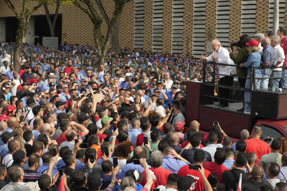 Brazil's former President Luiz Inacio Lula da Silva, who is running for reelection, speaks during a campaign rally outside the Volkswagen auto maker´s plant in Sao Bernardo do Campo, greater Sao Paulo area, Brazil, Tuesday, Aug. 16, 2022. Brazil's general elections are scheduled for Oct. 2, 2022. (AP Photo/Andre Penner)