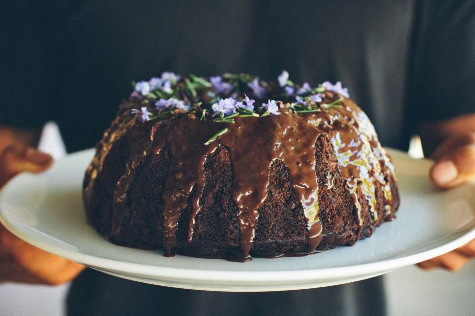 Dark Chocolate, Pear And Rosemary Cake