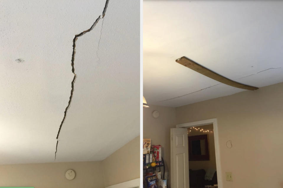 the crack in the ceiling and the wood plank attached like a band aid