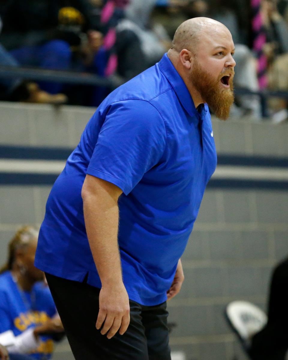 Classen SAS head coach Jim Perinovic reacts during a high school girls basketball game between Classen SAS and Edmond North at Edmond North High School, Thursday, Feb. 17, 2022. 