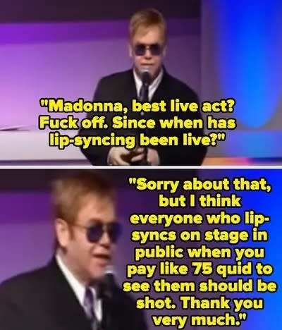 Elton John criticizes lip-syncing in live performances, questioning Madonna's award and stating that artists who lip-sync shouldn't be paid for live shows