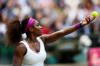 Serena Williams of the USA serves the ball during her Ladies Singles final match against Agnieszka Radwanska of Poland on day twelve of the Wimbledon Lawn Tennis Championships at the All England Lawn Tennis and Croquet Club on July 7, 2012 in London, England. (Photo by Clive Rose/Getty Images)