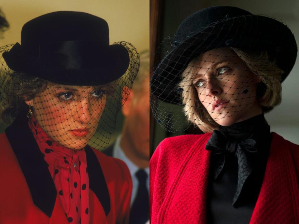 princess diana wearing red blazer and black hat; Kristen Stewart playing diana in red blazer and black hat