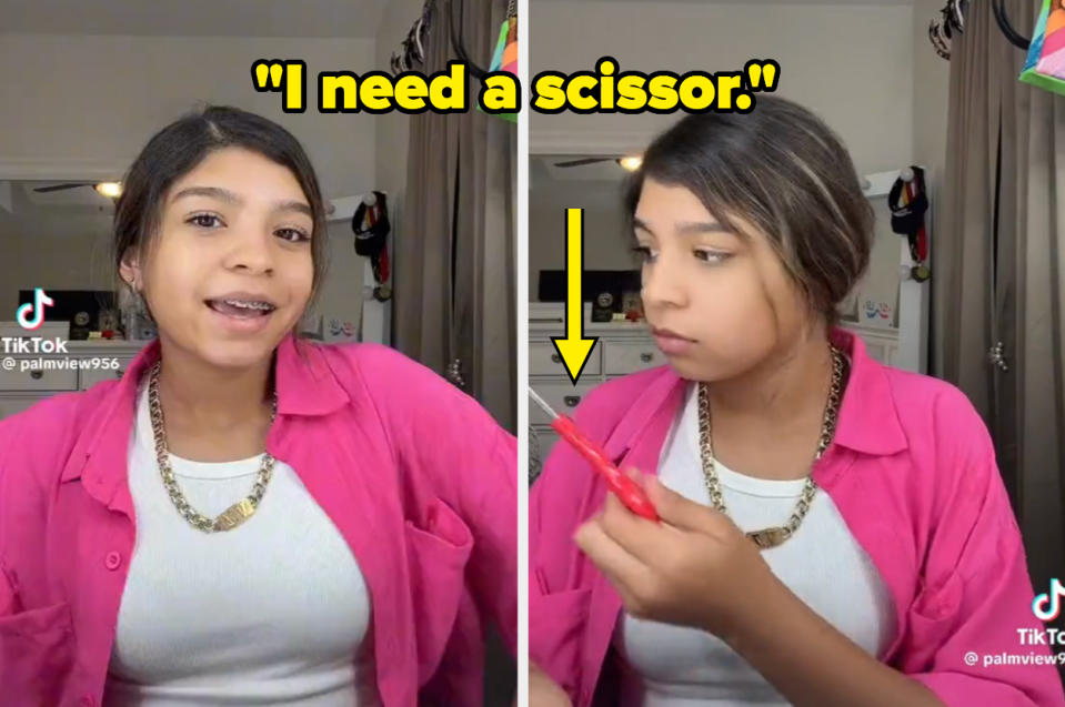 Valentina giving scissors to her younger sister with caption "I need a scissor"