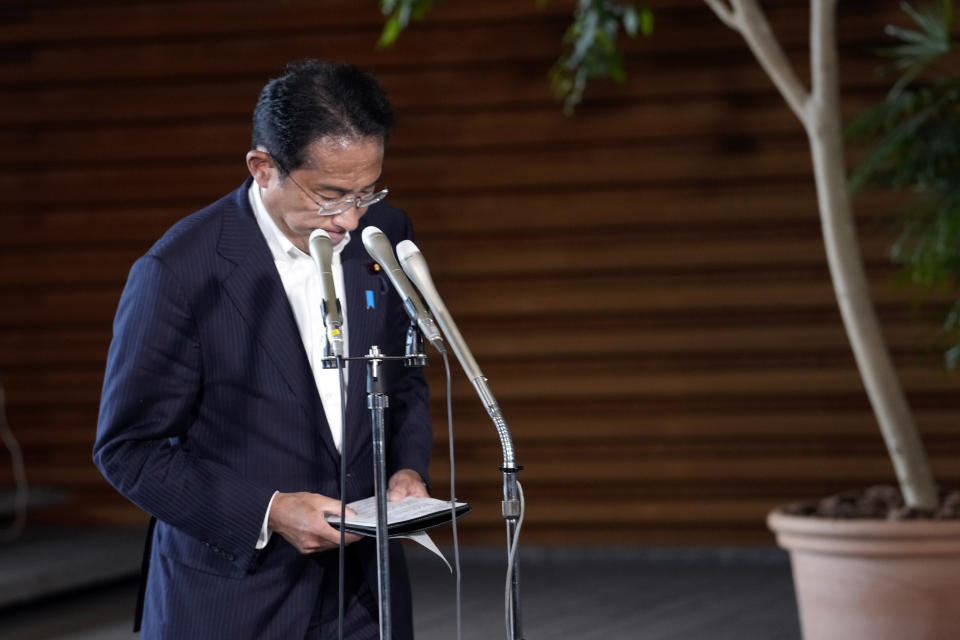 Japan's Prime Minister Fumio Kishida, finishes to speak to media at the Prime Minister's official residence Friday, July 8, 2022, in Tokyo. Japan's former Prime Minister Shinzo Abe was shot during a campaign speech Friday in western Japan and was airlifted to a nearby hospital but he was not breathing and his heart had stopped, officials said. (AP Photo/Eugene Hoshiko)