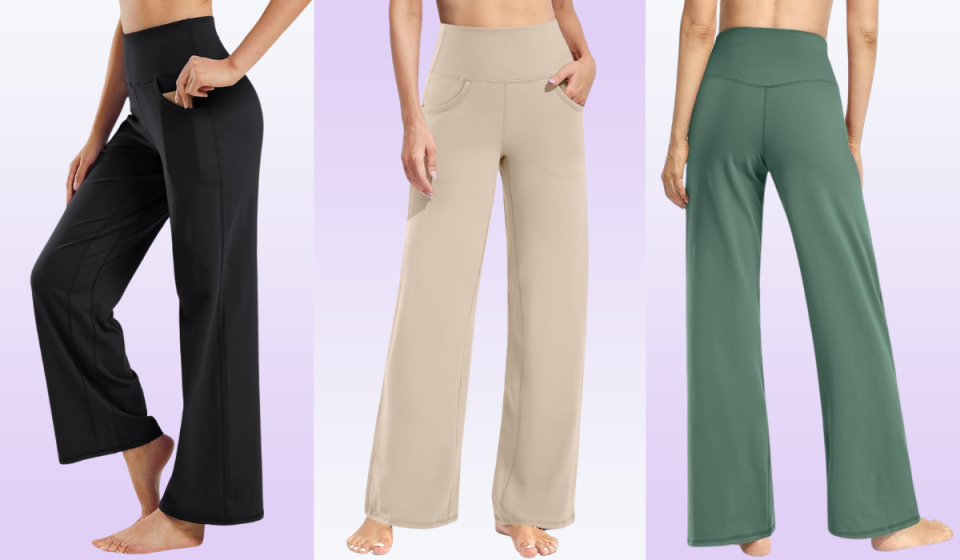 women wearing wide-legged lounge pants in black, khaki and army green