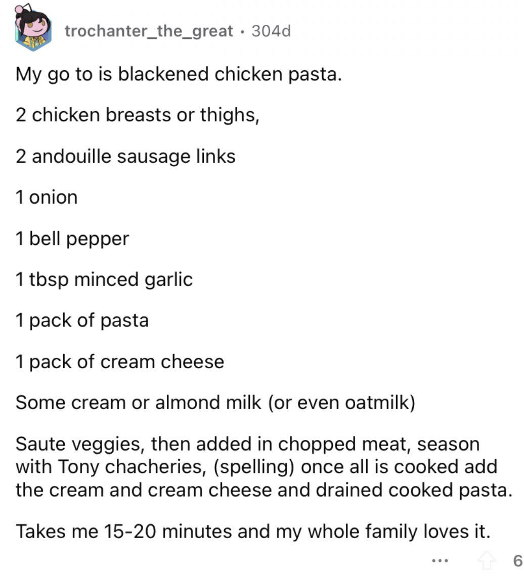 Reddit screenshot about blackened chicken pasta.