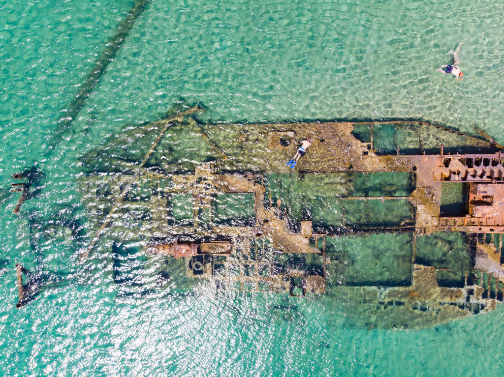 Aerial view of the shipwreck beach of Epanomi near Potamos and sandbank beach in a nature reserve. Epanomi is a little town near Thessaloniki, Greece. The shipwreck beach is less than 20km away of the airport Makedonia and 30 km away from Thessaloniki city, in northern Greece. The beach is sandy, the water is crystal clear. Mostly locals visit this beach us it is not widely known yet. The last kilometer is a dirt road and there are even sand dunes with nudist beach nearby. About a kilometer southern are organized beaches with many beach bars. (Photo by Nicolas Economou/NurPhoto)