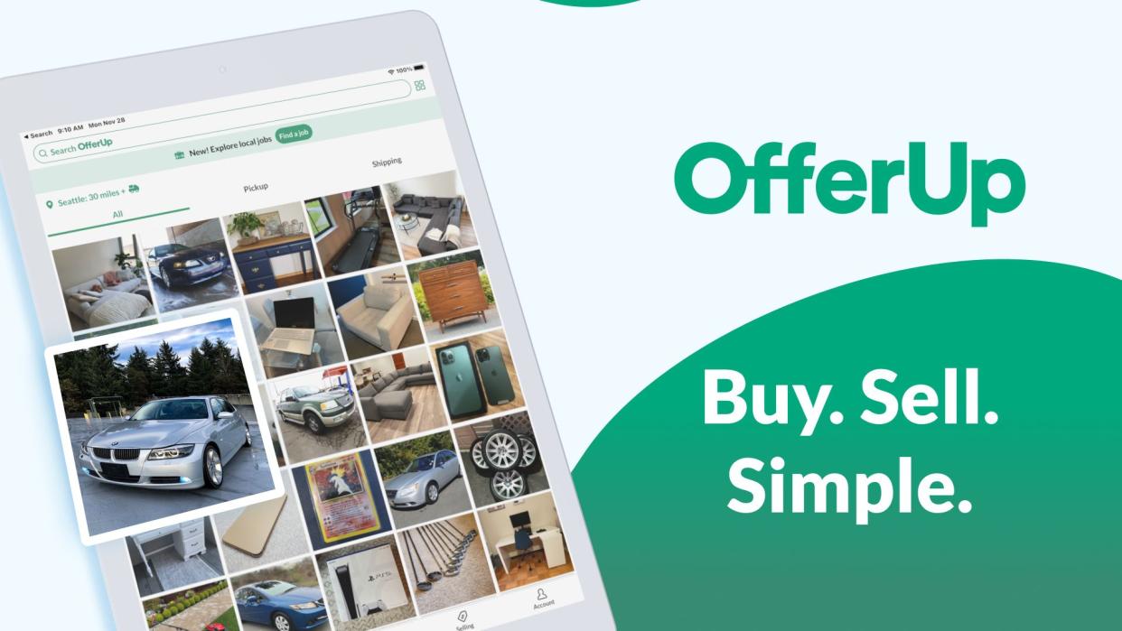 OfferUp app opened on a tablet, showcasing numerous different items for sale to the left, with text reading 'OfferUp   Buy.Sell.Simple.'